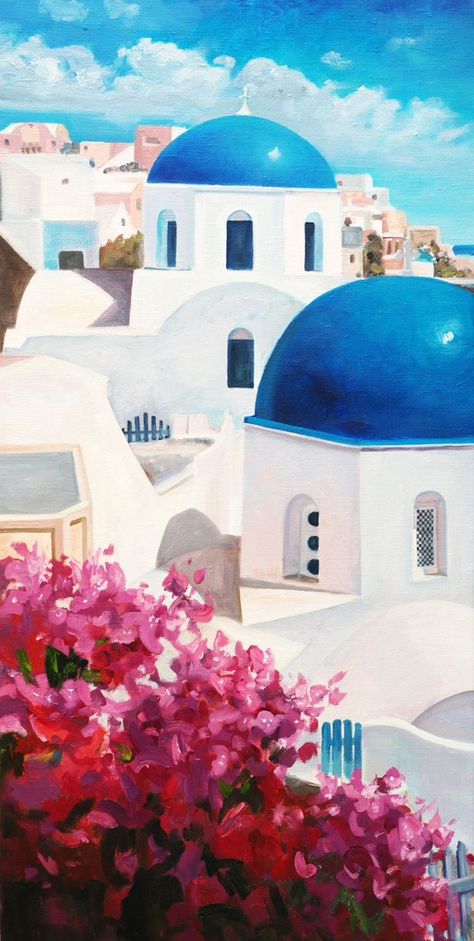 Santorini Watercolor Painting, Santorini Painting Acrylic, Greece Painting Easy, Mykonos Painting, Santorini Greece Painting, Santorini Bedroom, Christmas Canvas Painting Ideas, Santorini Painting, Christmas Canvas Painting