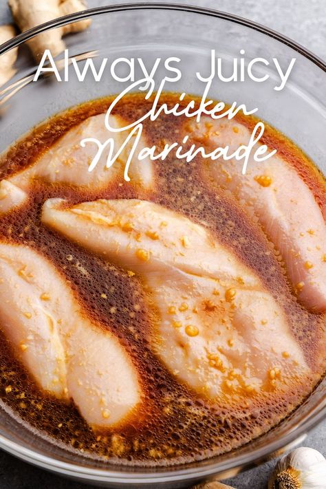 A glass bowl filled with raw chicken breasts soaking in a reddish brown marinade liquid. Juicy Chicken Marinade, Overnight Chicken Marinade, Chicken Marinade For The Grill, Healthy Lemon Chicken, The Stay At Home Chef, Grilled Chicken Marinade, Stay At Home Chef, Dry Rubs, Chicken Marinade Recipes