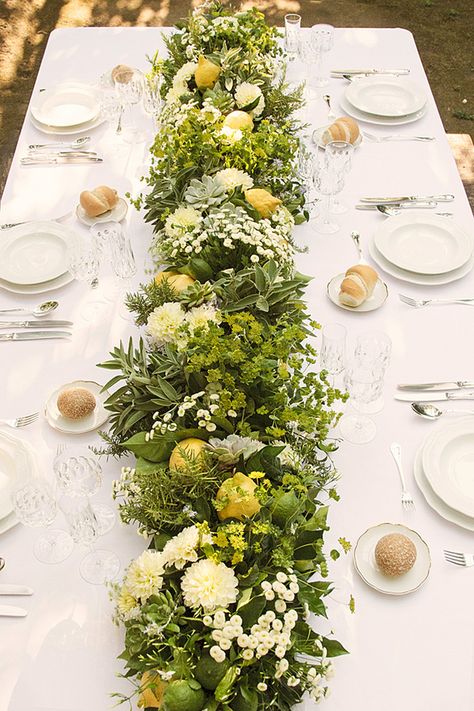 In Love In Italy: The Lemon Grove - www.theperfectpalette.com - Color Ideas for Weddings + Parties Flower Runner Wedding, Lemon Centerpieces, Unique Wedding Centerpieces, Flower Runner, Citrus Wedding, Flowers And Greenery, Floral Runner, Outdoor Dinner, Floral Table Runner