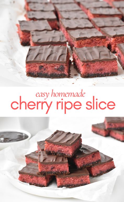 Cherry Ripe lovers will absolutely love this chewy coconut and cherry slice topped with chocolate. Cherry Slices Recipe, Australian Slice Recipes, Cake Slice Recipe, Cherry Ripe Balls, Coconut Slice Recipe, Cherry Ripe Cake, No Bake Slices Healthy, Christmas Slices Recipes, Chocolate Slice Recipe