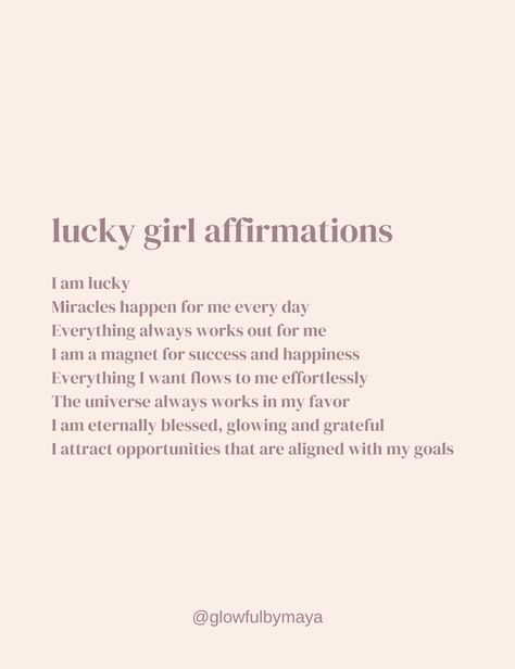 lucky girl affirmations [positivity positive energy mindset shifts manifesting manifestation manifest meditation abundance law of assumption law of attraction feminine energy femininity goddess energy selfcare healing era rich girl money wealth girl boss vibe glow up] Lucky Girl Mindset, Smart Girl Affirmations, Lucky Girl Affirmations, Manifest Meditation, Affirmations Positive Law Of Attraction, I’m So Lucky Affirmation, Rich Girl Energy Quotes, 10 Affirmations, Girl Affirmations