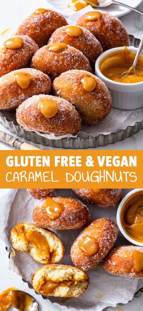 Gluten Free Doughnuts Recipes, Dairy Free Doughnut Recipe, Gluten Free Malasadas, Gluten Free Dairy Free Donut Recipe, Gluten Free Doughnut Recipes, Gluten Free Vegan Donut Recipe, Gluten Free Brioche, Vegan Gluten Free Donuts, Caramel Doughnuts