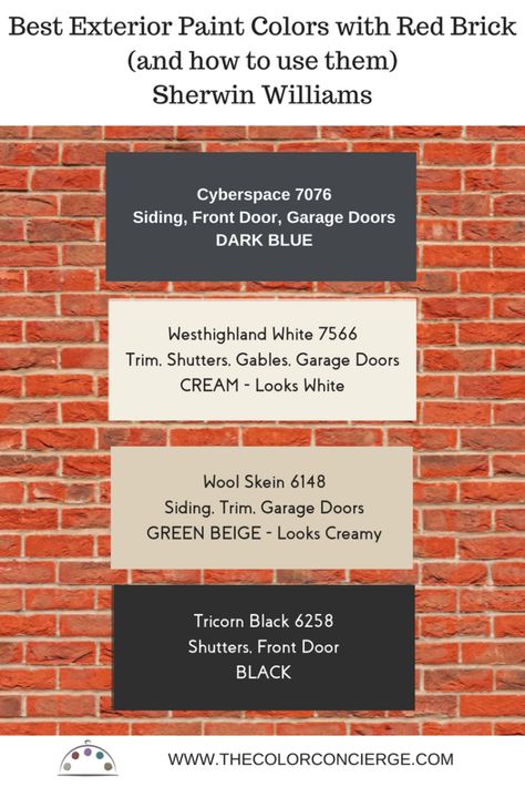 Are you stumped about the best colors to paint your house to match your red brick? This article shows the best exterior colors to use with red brick and how to use them, featuring Sherwin Williams paint colors. #redbrickhouse #exteriorpaintcolors #thecolorconcierge #colorsmadeeasy #sherwinwilliams #swwesthighlandwhite #swcyberspace #swwoolskein #swtricornblack Orange Brick House Exterior, Red Brick Homes, Best Exterior Paint Colors, Orange Brick Houses, Brick Paint Colors, Colors With Red Brick, Red Brick House Exterior, Red Brick Exteriors, Brick Homes