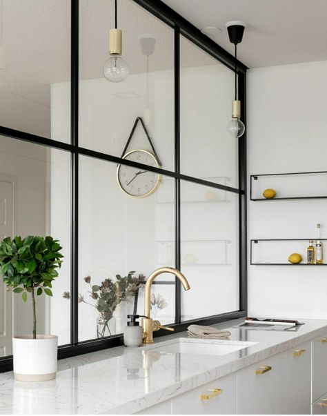 Kitchen Divider, Glass Partition Wall, Glass Room Divider, Living Space Decor, Glass Partition, Divider Wall, Metal Kitchen, Kitchen Room Design, Kitchen Diner