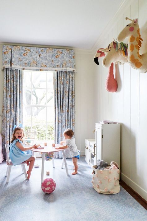 Amy Berry Designed Dallas Home White Playroom with Blue Accents and Stuffed Animals on the Wall Traditional Playroom, Grey Striped Wallpaper, Amy Berry, Dark Brown Walls, Shabby Chic Antiques, Kid Rooms, Playroom Design, Guest Room Decor, Craftsman Style Home