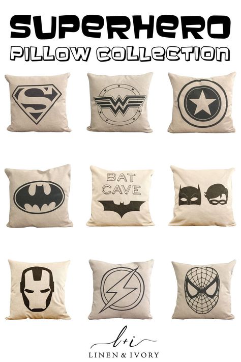 Comic Book Bedroom Ideas, Neutral Superhero Bedroom, Marvel Pillows, Vintage Superhero Bedroom, Boys Superhero Bedroom, Superhero Pillow, Book Bedroom, Comic Room, Vintage Superhero