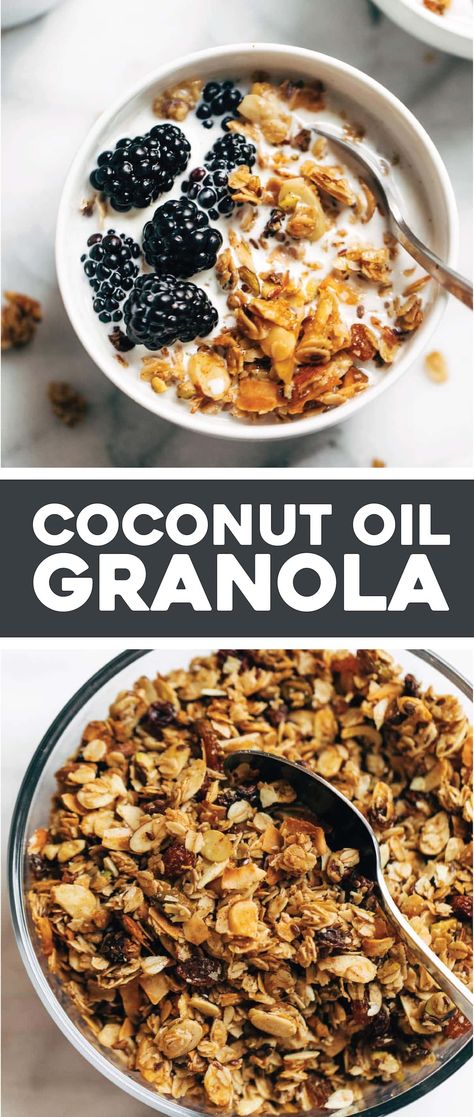 Naturally Sweetened Coconut Oil Granola! Golden, crispy, satisfyingly clustered granola that is speckled with almonds, coconut flakes, oats, flax, and all the other wholesome things. #granola #coconutoil #snack #sugarfree | pinchofyum.com Coconut Oil Granola, Coconut Oil Recipes, Granola Breakfast, Vegan Brunch, Crunchy Granola, Hemp Hearts, Granola Healthy, Granola Recipes, Sliced Almonds