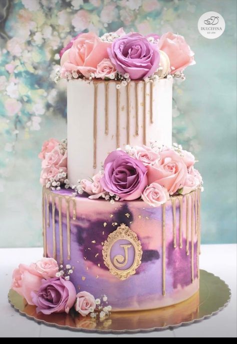 Quince Cake, Tiered Cakes Birthday, Sweet 16 Birthday Cake, Purple Cakes, Elegant Birthday Cakes, 16 Birthday Cake, Birthday Cakes For Women, Creative Birthday Cakes, Beautiful Birthday Cakes