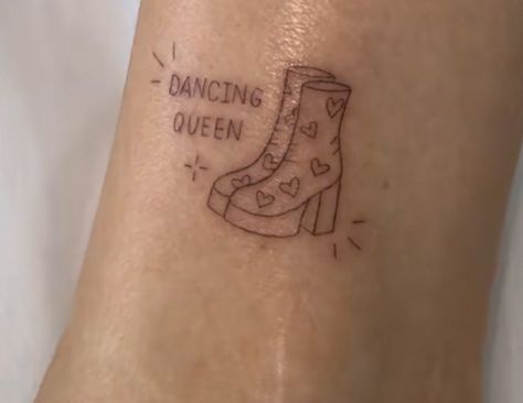 Gogo Boots Tattoo, Mama Mia Inspired Tattoo, Dancing Boots Tattoo, Abba Inspired Tattoo, Subtle Mamma Mia Tattoos, Mini Mamma Mia Tattoos, Mama Mia Quote Tattoo, Dancing Queen Tattoo Mamma Mia, Mamma Mia Inspired Tattoo