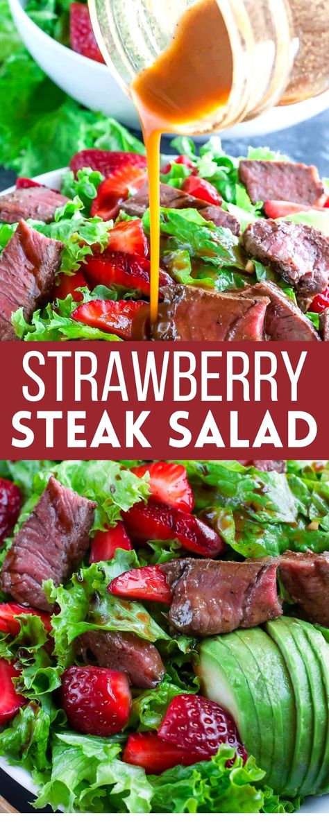 leafy green salad with strawberries, steak, and homemade balsamic dressing Homemade Balsamic Dressing, Salad Strawberry, Steak Salad Recipe, Rice Recipes For Dinner, Steak Salad, Balsamic Dressing, Strawberry Salad, Idee Pasto Sano, Pasta Salad Recipes