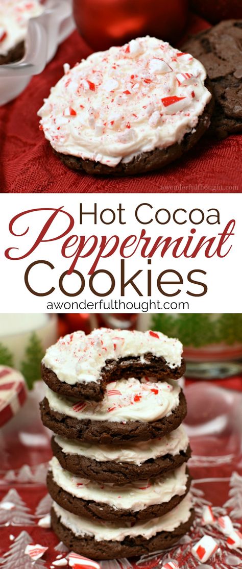 Hot Cocoa Peppermint Cookies - A Wonderful Thought Christmas Yummies, Hot Cocoa Cookies, Chocolate Peppermint Cookies, Christmas Baking Recipes, Christmas Foods, Peppermint Cookies, Christmas Food Desserts, Christmas Dessert, Holiday Cookie