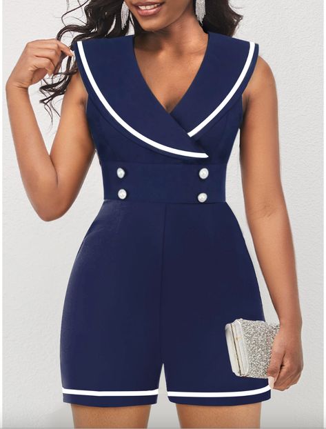 NEW IN MODLILY® Navy Contrast Binding Sleeveless Shawl Collar Romper Short Romper Outfit, Luxe Wardrobe, Formal Romper, Navy Shawl, Fashion Trend Inspiration, Dressy Clothes, Cruise Clothes, Chic Romper, Shorts Jumpsuit