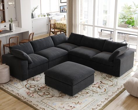 JACH V Shape Couch Sectional for Living Room, Modular Convertible Sofa, Couch Cushion Covers Removable, Cloud Sofas with Chaise Ottoman for Living Room, Bedroom, Apartment (Black) -  #Apartment #Bedroom #Black #Chaise #Cloud #Convertible #COUCH #Covers #Cushion #JACH #Living #modular #Ottoman #Removable #Room #Sectional #shape #Sofa #Sofas Charcoal Living Room Furniture, Long Couches Living Room, Black Sectional Living Room Ideas Decor, Living Room Black Leather Couch, Black Sectional Living Room Ideas, Black Sectional Living Room, Gray Couches, Sectional For Living Room, Small Apartment Living Room Ideas