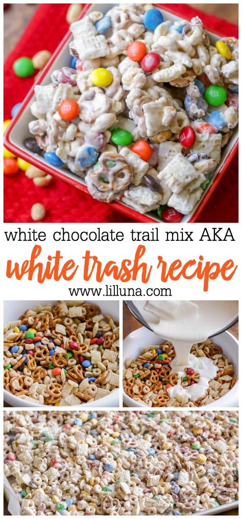 White Trash Snack Mix, Trash Recipe, White Trash Recipe, Sweet Appetizers, White Chocolate Chex Mix, Chocolate Chex Mix, Chocolate Trail Mix, Puppy Chow Chex Mix Recipe, Chex Mix Puppy Chow