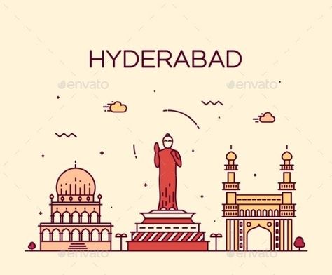 Hyderabad Skyline Vector Illustration Linear by gropgrop Hyderabad skyline detailed silhouette Trendy vector illustration linear style Hyderabad Skyline, Skyline Drawing, Indian City, India Poster, Restaurant Poster, Indian Illustration, City Icon, Free Hand Rangoli, Indian Folk Art