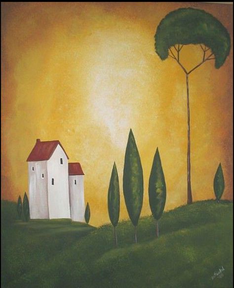 It Tuscan Painting, Italian Cypress Trees, Italian Artwork, Tuscan Art, Whimsical Houses, Tuscan Landscape, Italian Cypress, Tuscany Landscape, Tuscan Landscaping