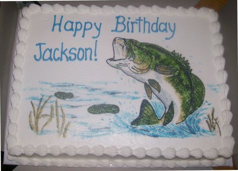 - White cake with buttercream, hand-painted with icing. Birthday White Cake, 45th Birthday Cake, Bass Fish Cake, Funny 50th Birthday Cakes, Fisherman Cake, Fishing Theme Birthday, Fish Cake Birthday, Birthday Fishing, Cake Design For Men