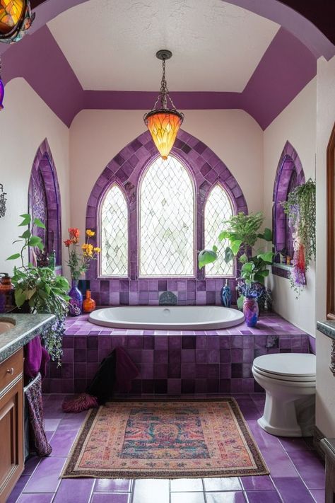 Jewel Tone Bathroom Accessories, Teal And Purple Bathroom, Small Purple Bathroom Ideas, Purple And Green Interior Design, Green Restroom Ideas, Purple Tile Bathroom, Purple House Aesthetic, Purple And Green Bathroom, Whimsigoth Bathroom