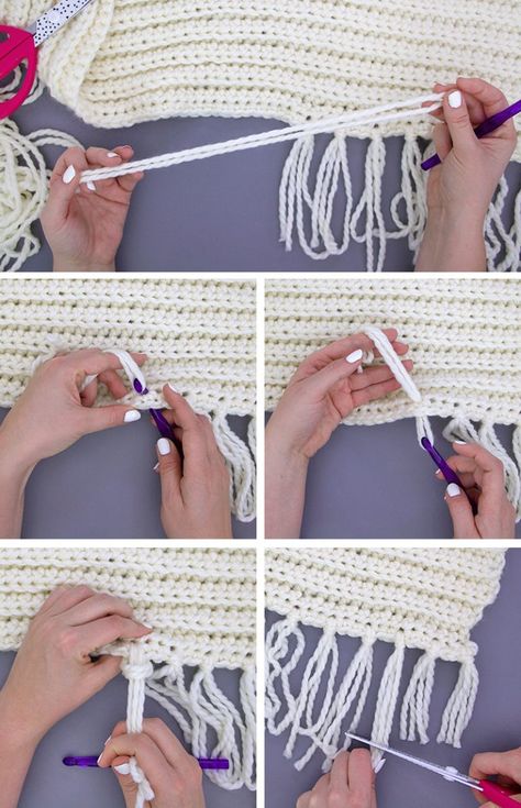 how to add tassels to a scarf Tassels On Scarf How To, Scarf Tassels Fringes, Add Tassels To Blanket, Tassels On Crochet Blanket, Add Tassels To Scarf, How To Make Tassels With Yarn For Scarf, Crochet Tassle Border, Blanket Tassels Diy, How To Make A Crochet Scarf