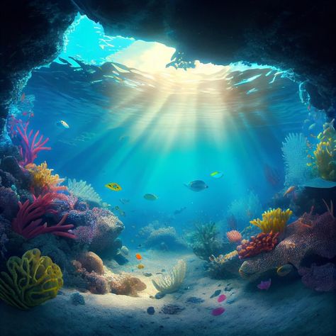 Photo underwater tropical seabed with re... | Premium Photo #Freepik #photo #ocean #deep-ocean #underwater #seabed Deep Sea Pictures, Underwater Background Landscape, Seabed Drawing, Ocean Deep Underwater, Ocean Illustration Underwater, Ocean Background Underwater, Underwater Art Painting, Deep Ocean Art, Underwater World Art