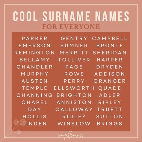 I love a good surname name. They're always so cute and stylish! Plus it makes finding name inspiration so much easier, you can focus on first and last names. A great place to do this research is on your family tree, it's often a treasure trove of super cool names, especially if you pay attention to the surnames. Check these surname names out, would you use any of them? #genderneutralbaby #names #girlnames #boynames #babynames #babynameinspo #babynameinspiration #genderneutralnames High School Names Ideas, Cute Surnames, Cool Surnames, Sur Names, Good Last Names, Surnames Aesthetic, Aesthetic Surname, Cute Last Names, Spanish Surnames