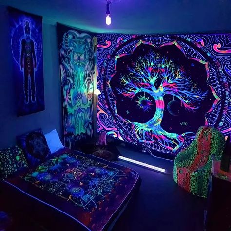 1pc Tree Of Life Mandala Fluorescent Tapestry Peach Skin Velvet Uv Black Light Tapestry Wall Hanging For Living Room Bedroom Dorm Room Home Decor With Free Installation Accessories Easy To Hang - Home & Kitchen - Temu Dorms Decor, Tree Of Life Tapestry, Blacklight Tapestry, Textile Tapestry, Uv Black Light, Tapestry Wall Art, Uv Reactive, Theme Halloween, Dream Room Inspiration