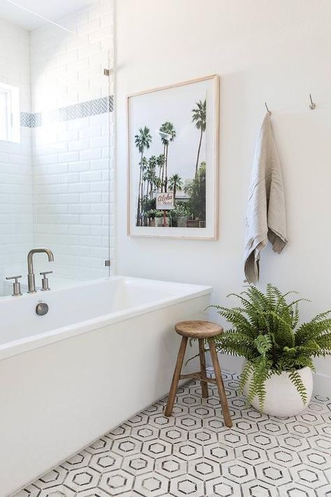 Potted Fern Next to Rectangular Bathtub - Transitional - Bathroom Pure Salt Interiors, Beach House Bathroom, Modern Coastal Home, Modern Coastal Decor, Pure Salt, Coastal Modern, Coastal Bathrooms, Spa Day At Home, Casa Exterior