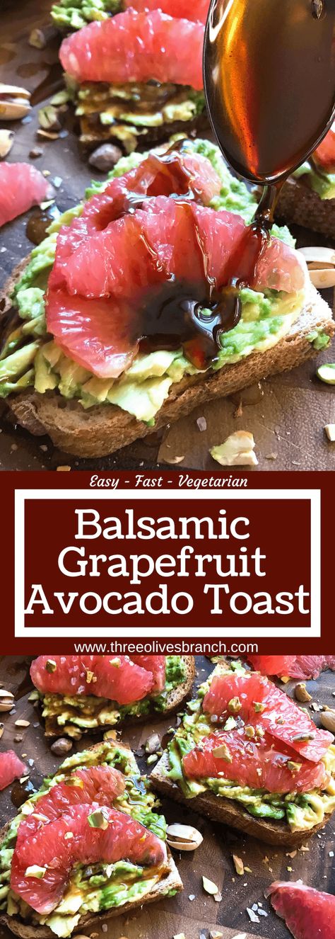 A quick and simple vegan breakfast or brunch recipe ready in just a few minutes. Balsamic Grapefruit Avocado Toast sprinkled with chopped pistachios. #avocadotoast #breakfastrecipes #veganbreakfast Grapefruit Recipes Breakfast, Date Fruit Recipes, Olives Recipes, Fancy Toast, Grapefruit Recipes, Avocado Dessert, Lunch Prep, Citrus Recipes, Vegan Breakfast Easy