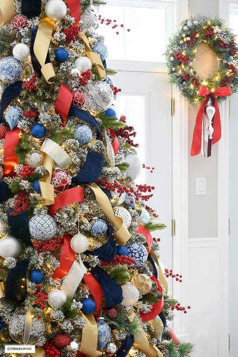 Sophisticated Blue and Red Christmas Tree | CITRINELIVING Red White Blue Gold Christmas Tree, Blue Red And Gold Christmas Decor, Blue And Red Christmas Tree, Patriotic Christmas Decorations, Red White Blue Christmas, Blue And Red Christmas, Patriotic Christmas Tree, Blue Christmas Tree Decorations, Gifts Drawing