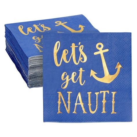 Add these fun blue nautical napkins to your beach-themed bachelorette party supplies. Celebrate the bride to be with this 50 Pack of disposable napkins that is sure to impress! The napkins feature the phrase "Let's Get Nauti" with a boat anchor, perfect to add to any bridal shower, yacht party, or beach-side restaurant. The bachelorette party napkins measure 5 x 5 inches and are made from quality 3-ply paper with gold foil accents. Use the cocktail napkins as place setters, for cocktails, lunche Nautical Bachelorette Party Decorations, Nauti Bachelorette Party, Get Nauti Bachelorette, Beach Theme Party Decorations, Nautical Bachelorette Party, Sailor Theme, Boat Theme, Nautical Bachelorette, Nautical Bridal Showers