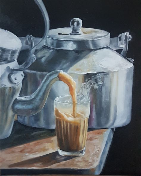 Tea Painting Aesthetic, Indian Watercolour Painting, Canvas Food Painting, Chai Tea Drawing, Food Wall Art Paintings, Tea Acrylic Painting, Tea Painting Art, Chai Illustration Indian, Chai Drawings