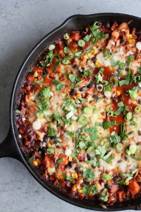 Turkey Black Bean Sweet Potato Enchilada Skillet Skinnytaste Turkey, Cheesy Turkey, Black Bean Sweet Potato, Enchilada Skillet, Turkey Sweet Potato, Black Bean Enchiladas, Sweet Potato Skillet, Bean Enchiladas, Sweet Potato Black Beans