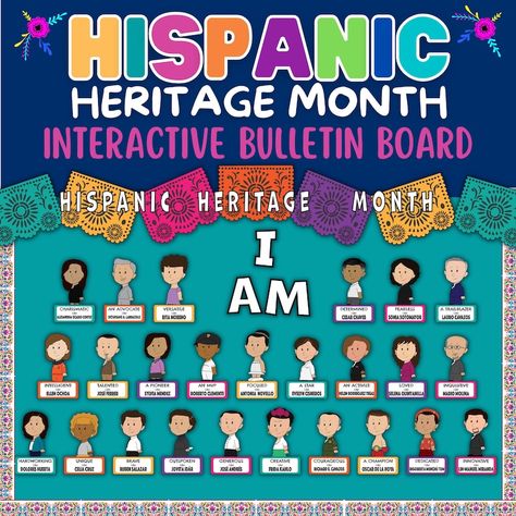 Bulletin Board Interactive, Heritage Month Bulletin Board, Hispanic Heritage Month Bulletin Board, Hispanic Heritage Month Activities, Positive Character Traits, Spanish Classroom Activities, Interactive Bulletin Board, Spanish Heritage, Spanish Teaching Resources