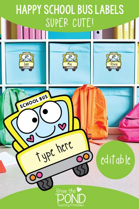 Cubby Labels Preschool, Cubby Tags Preschool Free Printable, School Bus Name Tags, Cubby Tags Preschool, Bus Decorations, Label For School, Name Tags For School, Desk Cubby, Cubby Name Tags