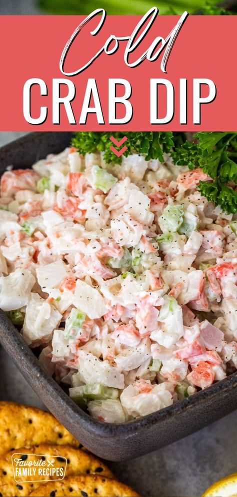 I make this chunky cold crab dip to serve on crackers for an easy summer appetizer, but with imitation crab available all year, it can be made anytime. I often make it for New Year’s Eve. If you are a fan of crab salad or a crab salad sandwich, this dip will be your new favorite thing! Cajun Crab Dip Recipe Cold, Seafood Salad Dip, Crab Spread For Crackers, Imitatation Crab Recipe Dip Cold, Seafood Dips Recipes Cold, Crab Appetizers Easy, Cold Crab Dip Recipe Easy, Cold Crab Dip With Cream Cheese, Seafood Salad Recipe With Crab Shrimp