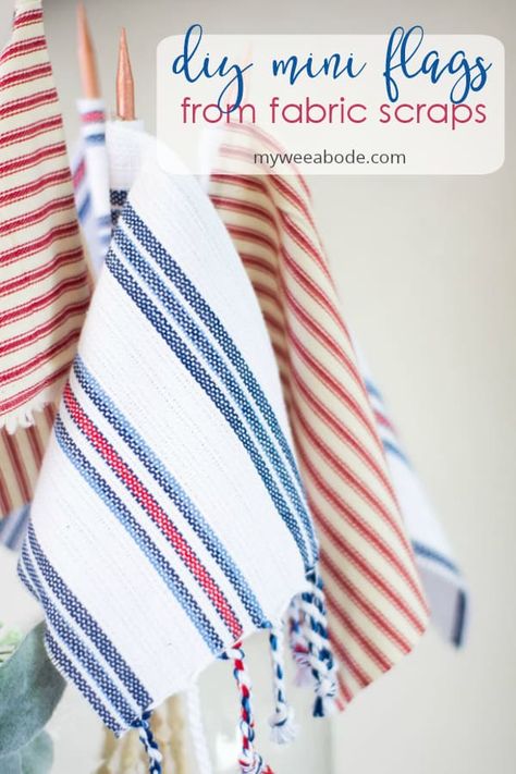 You can add muted tones of red white and blue to your home for July 4th. Using non-traditional patriotic decor is easy. Learn how to make these DIY mini flags with scraps of material. #myweeabode #patrioticdecor Diy Red White And Blue Decor, Fabric Scrapes, Patriotic Flags, July 4th Decor, Flag Ideas, Americana Crafts, Patriotic Food, Patriotic Fabric, Boston Tea