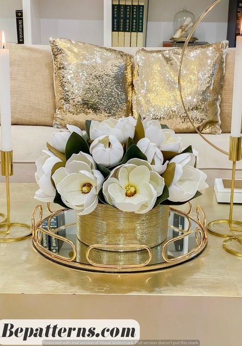 Home Decor on a Budget | Crazy Unique Ideas | Cozy Spaces Faux Arrangements, Magnolia Centerpiece, Magnolia Christmas, Tattoo Modern, Gold Living Room Decor, Table Centerpieces For Home, Gold Vase, Artificial Floral Arrangements, Gold Living Room