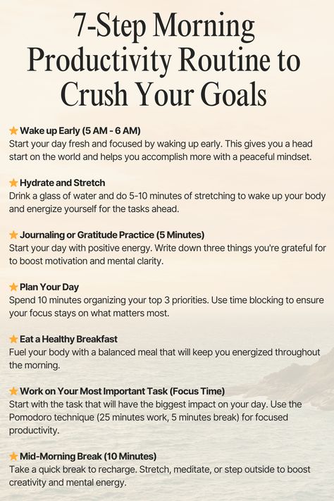 Looking to boost your productivity and kickstart your day with purpose? This morning routine is designed to help you stay focused, energized, and motivated. From planning your day to prioritizing self-care, these simple yet powerful steps will transform your mornings and set you up for success. 🌞 #ProductivityHacks #MorningRoutineGoals #HealthyHabits #DailyPlanning #CrushYourGoals #SelfCareRoutine #TimeManagementTips #DeepWorkFocus #MotivationMonday #MorningMindset #GratitudePractice 5am To 7am Morning Routine, 4am Morning Routine, 5am Morning Routine, 8 Week Workout Plan, College Morning Routine, Morning Routines List, Productive Morning Routine, Morning Routine Productive, Good Leadership Skills