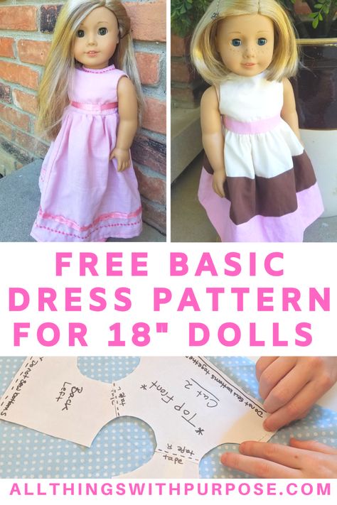 Free Basic Dress Pattern for American Girl and 18" Dolls Doll Dress Patterns Free, American Girl Clothes Patterns, American Girl Dress Pattern, Our Generation Doll Clothes, Basic Knitting, Basic Dress Pattern, Knitting Doll, Baby Doll Clothes Patterns, American Girl Doll Diy