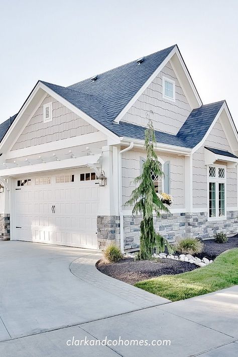 Exterior Paint Colors For House With Gray Roof, Blue And White Farmhouse Exterior, Blue Grey House Exterior With Stone, White Window House, Pretty Exterior House Colors, Calming Exterior House Colors, Cottage Style Exterior Colors, Blueish Gray House Exterior, Ashlar Stone Exterior