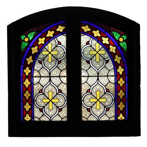 An early 20th century antique oak window with two stained glass panels originating from France, circa 1910. This colourful stained glass window is large in scale and features an oak frame with two glass panels decorated with scrolls, crosses and foliage, opening at the centre with a sophisticated espagnolette locking system. Antique Stained Glass Windows, Oak Windows, French Window, Window Stained, Gothic Windows, Stained Glass Patterns Free, Antique Stain, French Windows, Sapphire Rings