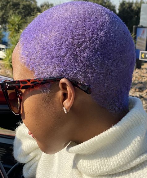 Purple Buzzcut Black Women, Lavender Twa Hair, Dyed Hair For Black Women Short Hair, Lavender Buzzcut, Purple Hair Color Ideas For Short Hair, Lavender Short Hair, Grey Purple Hair, Short Lavender Hair, Purple Dyed Hair