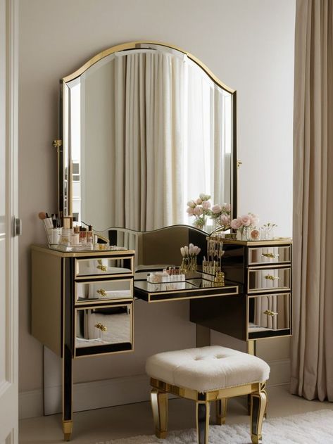 Table Organizer Ideas, Makeup Organizer Aesthetic, Gold Makeup Organizer, Dressing Table Organizer, Makeup Vanity Ideas, Dreamy Makeup, Organizer Aesthetic, Dressing Table Organisation, Table Organizer