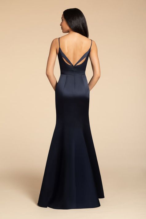 Style 5915 Hayley Paige Occasions bridesmaids gown | Indigo satin trumpet gown, curved neckline, natural waist, open back with strap detail. Bella Bridesmaid Dresses, Moh Dress, Bridesmaids Jumpsuits, Bridesmaids Gown, Jenny Yoo Bridesmaid, Old Hollywood Wedding, Mermaid Bridesmaid, Ladies Hair, Hollywood Wedding