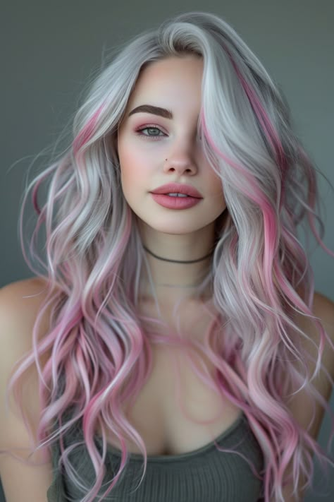 83+ Silver Hair Color Ideas for a Breathtaking Look! Grey And Colored Hair, Silver Hair With Pink Highlights, Hair Color Ideas For Blondes Highlights, Silver Money Piece Hair, Smoky Pink Hair, Grey And Pink Hair, Pink And Grey Hair, Silver Pink Hair, Silver And Pink Hair