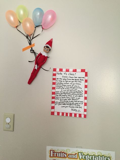 Elf on a Shelf arrival into preschool classroom !! Elf Arrival Ideas Classroom, Elf On The Shelf Introduction Ideas Classroom, Classroom Elf Introduction, Elf On Shelf Preschool Ideas, Elf On The Shelf Crafts Preschool, Elf On The Shelf Ideas For Preschool, Elf On Shelf Arrival Ideas Classroom, Elf Arrival Classroom, Elf On The Shelf Classroom Arrival