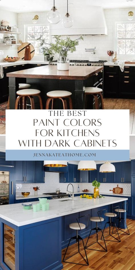 Dark cabinets are classic in a kitchen, and choosing the right paint color adds the perfect finish! These paint colors will complement your dark cabinets and create the perfect atmosphere in the most used room in your home. Kitchens With Dark Cabinets, Farmhouse Kitchen Rustic, Warm Neutral Paint Colors, Coastal Style Kitchen, Dark Paint Colors, Popular Paint Colors, Dark Wood Cabinets, Beautiful Kitchen Designs, Paint Color Inspiration