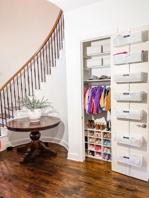 Entry Hall Shoe Storage, Entry Coat Closet, Coat Closet Organization Front Entry, Small Entry Closet, Entry Closet Ideas, Nursery Closet Shelves, Entry Closet Organization, Hall Closet Organization, Coat Closet Storage