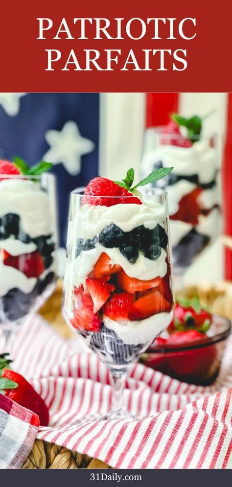 Red White and Blue Berry Parfait is a 15-minute festive summer treat. Easy layers of blueberries, strawberries, and a delicious Greek yogurt filling. 4th Of July Parfait Desserts, Red White And Blue Mixed Berry Yum Yum, Blue Desserts Recipes, Patriotic Berry Trifle, Blueberry Parfait, Raspberry White Chocolate Mousse Parfait, Skinnytaste Red White And Blue Trifle, Strawberry Cream Cheese Filling, Mini Trifle