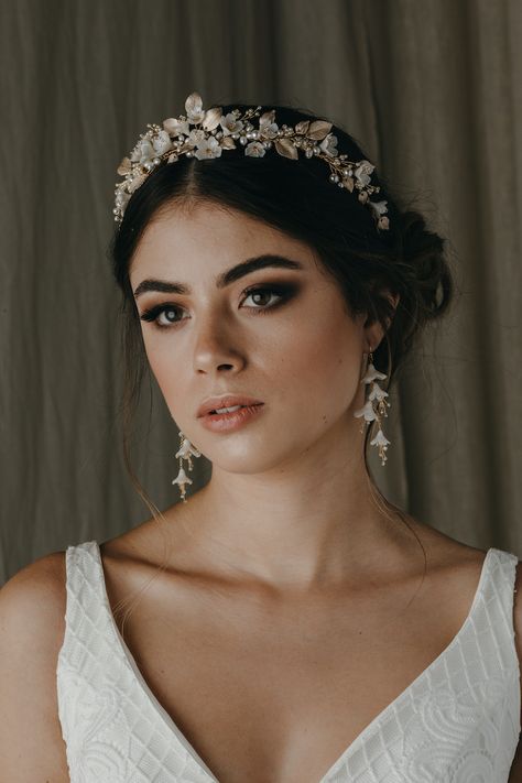 Fairy Bride Tiara, Bridal Gold Headpiece, Wedding Headpiece Hair Styling Accessories, Tiara Head Pieces, Wedding Hair With Floral Headband, Wedding Crown Headpiece, Veil And Crown Bridal Tiara, Floral Wedding Tiara, Bridal Hair Crown Head Pieces